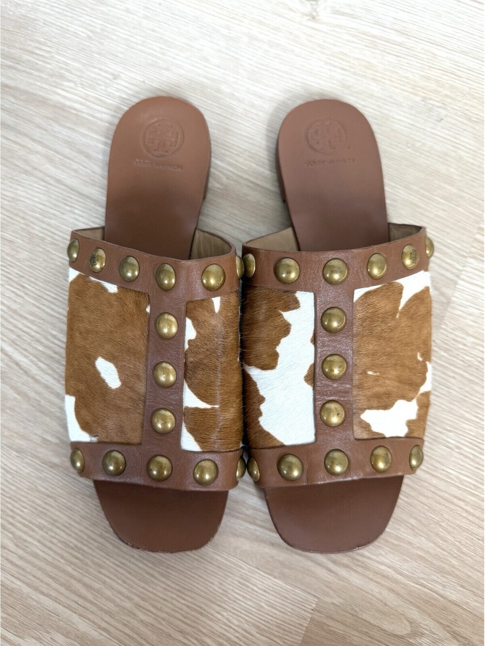 Tory Burch Brown & White Cowhide Stud Slide Sandals